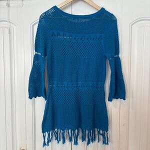 Joseph A. Blue Open Knit‎ Fringe Sweater Size Medium